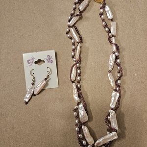 Elegant Sterling Silver Pearl and Pink Beaded Necklace and Earring Set